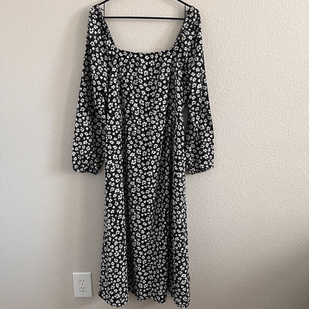 Women's 2XL midi Smocked Puff sleeve Black white floral dress cottage Milkmaid - Picture 1 of 6